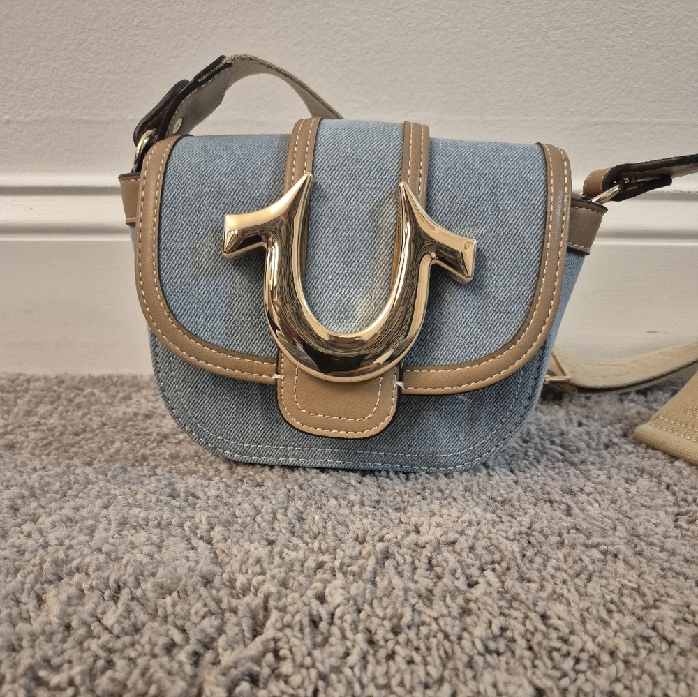 True Religion Denim and Tan Crossbody Bag with Gold Hardware